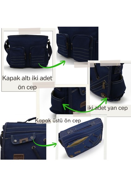 4017 Lacivert 14" Laptop Kanvas Postacı Okul Çantası Unisex Kilitli Çok Cepli Omuz Askılı fırsatları