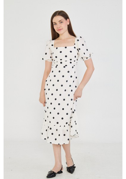 Siyah Puantiyeli Beyaz Midi Elbise