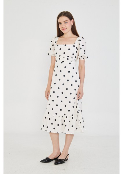 Siyah Puantiyeli Beyaz Midi Elbise indirimleri