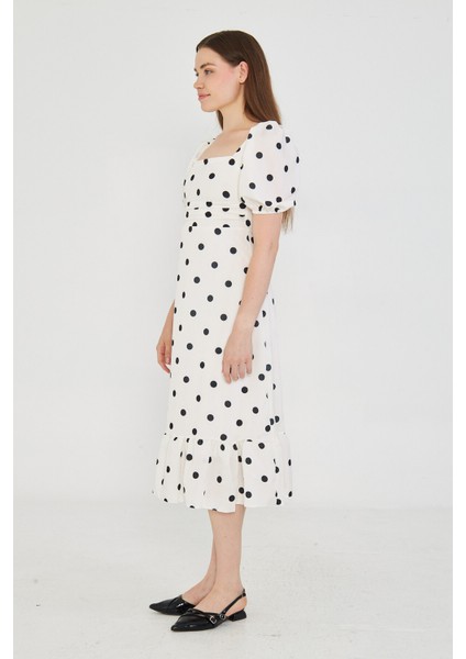 Siyah Puantiyeli Beyaz Midi Elbise