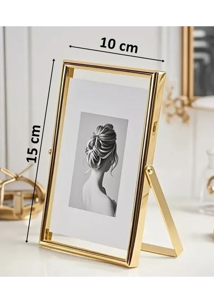 10X15 cm Gold Metal Çerçeve! Şık Dekoratif Fotoğraf Çerçevesi! Ayaklı Çift Camlı Çerçeve