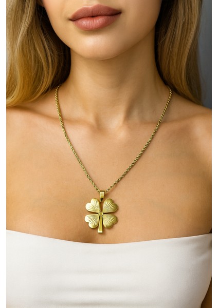 Altın Kaplama Çelik Dört Yapraklı Yonca Burgu Zincir Kolye