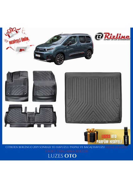 Citroen Berlingo 3D Havuzlu Paspas (3 Adet Tekli Arka Koltuk) ve Bagaj Havuzu Bagaj Demirsiz 2019-2025 Model Uyumlu