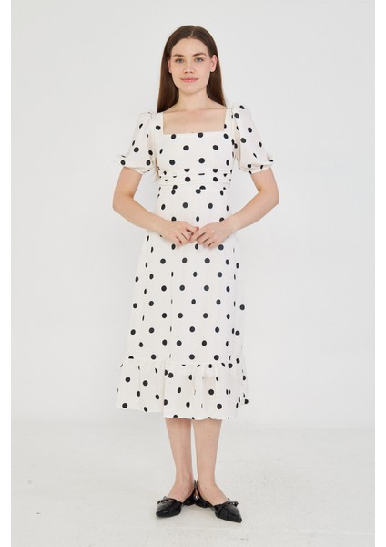 Siyah Puantiyeli Beyaz Midi Elbise fiyatları