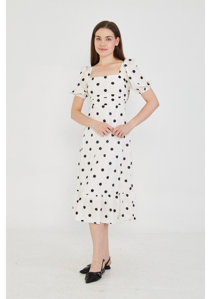 Siyah Puantiyeli Beyaz Midi Elbise