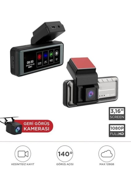 Full Hd 1080P Wi-Fi Ön ve Arka Araç Içi Dokunmatik Kamera