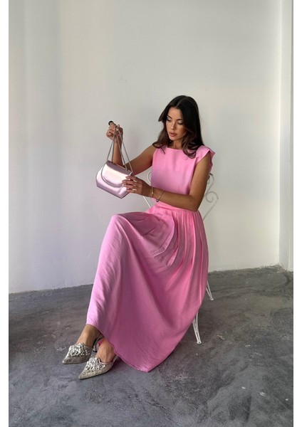 Keten Kolsuz Bluz - Maxi Etek Takım - Pembe fiyatları