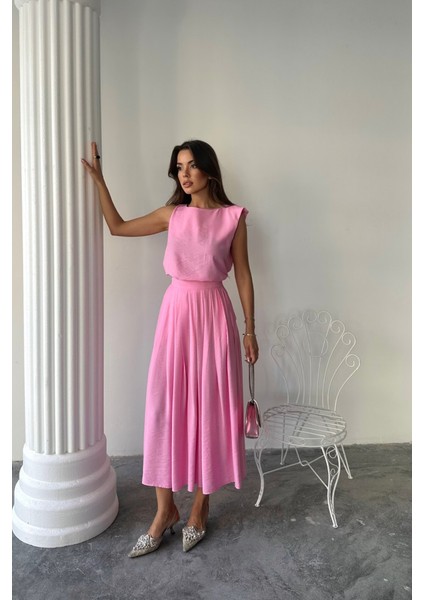 Keten Kolsuz Bluz - Maxi Etek Takım - Pembe modelleri