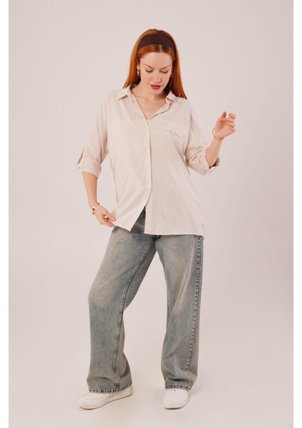 Cep Detay Çizgili Oversize Krem Gömlek