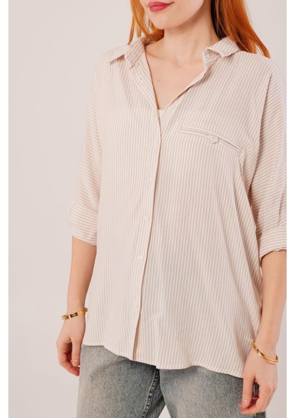 Cep Detay Çizgili Oversize Krem Gömlek