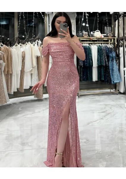 Düşük Omuzlu Degaje Yakalı Payet Kumaş Yırtmaçlı Düğün Davet Mezuniyet Abiye Elbise