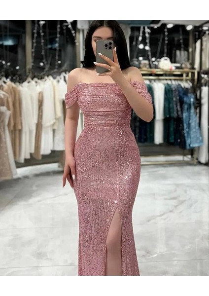 Düşük Omuzlu Degaje Yakalı Payet Kumaş Yırtmaçlı Düğün Davet Mezuniyet Abiye Elbise fiyatları