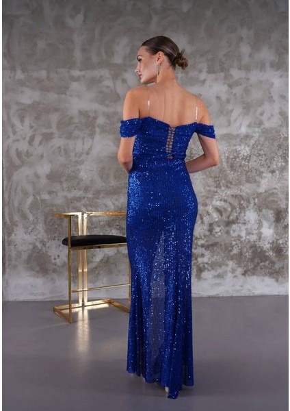 Düşük Omuzlu Degaje Yakalı Payet Kumaş Yırtmaçlı Düğün Davet Mezuniyet Abiye Elbise fiyatları