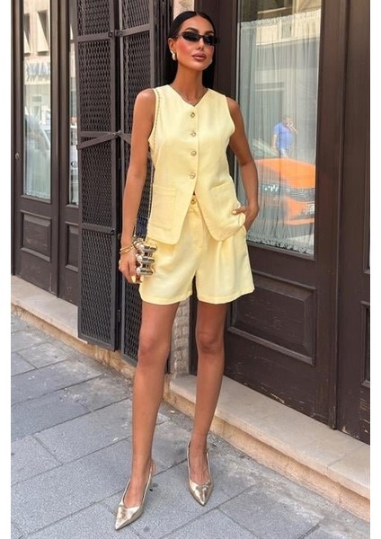 Gold Düğme Detaylı Yelek Şort Cotton Takım 10208