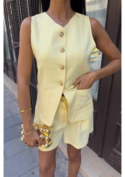 Gold Düğme Detaylı Yelek Şort Cotton Takım 10208