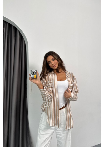 Çizgili Gömlek - Bej