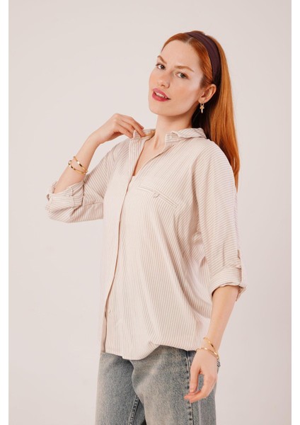 Cep Detay Çizgili Oversize Krem Gömlek modelleri