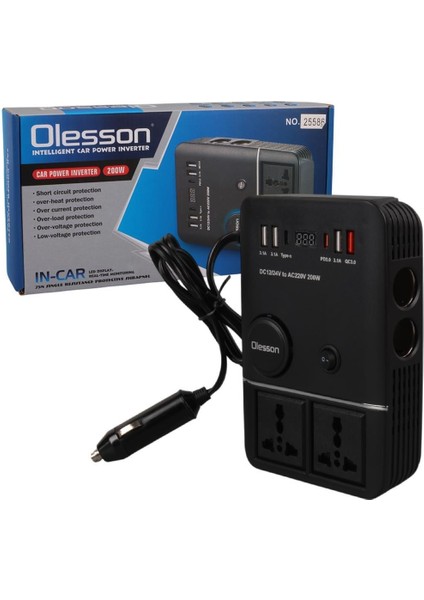 1661 Dc 12-24V 200W Oto Araç Power Inverter 2x Çakmak Girişi - 2x Type-C - 4x USB - 2x 220V Üniversal Priz indirimleri