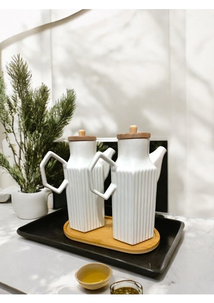 2 Adet 1 Lt Porselen Yağdanlık ve Bambu Altlık Seti - Yağlık Sirkelik Her Biri 1000ML - Prizma Model
