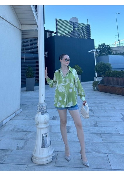 Kadın Uzun Kollu Dijital Baskılı Salaş Saten Gömlek modelleri