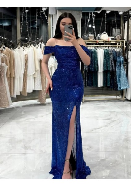 Düşük Omuzlu Degaje Yakalı Payet Kumaş Yırtmaçlı Düğün Davet Mezuniyet Abiye Elbise