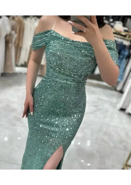 Düşük Omuzlu Degaje Yakalı Payet Kumaş Yırtmaçlı Düğün Davet Mezuniyet Abiye Elbise