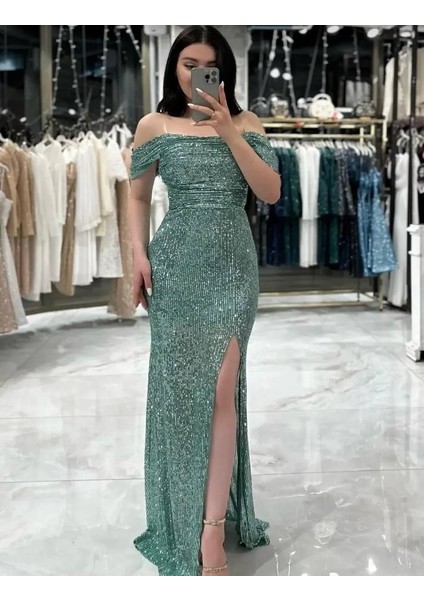 Düşük Omuzlu Degaje Yakalı Payet Kumaş Yırtmaçlı Düğün Davet Mezuniyet Abiye Elbise fiyatları