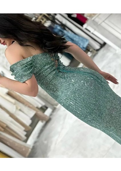 Düşük Omuzlu Degaje Yakalı Payet Kumaş Yırtmaçlı Düğün Davet Mezuniyet Abiye Elbise modelleri