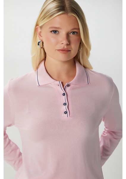 Kadın Fiona Viskon Polo Yaka Şeritli Pembe Triko Kazak