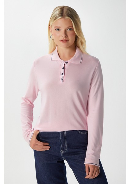 Kadın Fiona Viskon Polo Yaka Şeritli Pembe Triko Kazak fiyatları