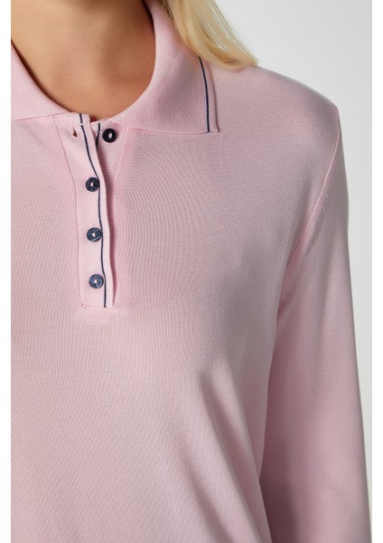 Kadın Fiona Viskon Polo Yaka Şeritli Pembe Triko Kazak modelleri