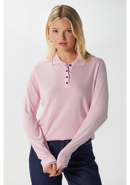 Kadın Fiona Viskon Polo Yaka Şeritli Pembe Triko Kazak fırsatları