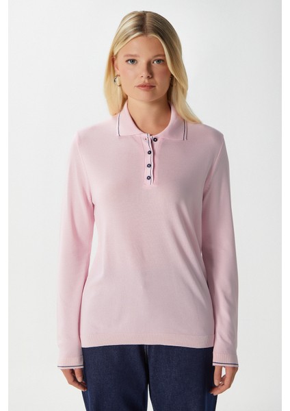 Kadın Fiona Viskon Polo Yaka Şeritli Pembe Triko Kazak indirimleri