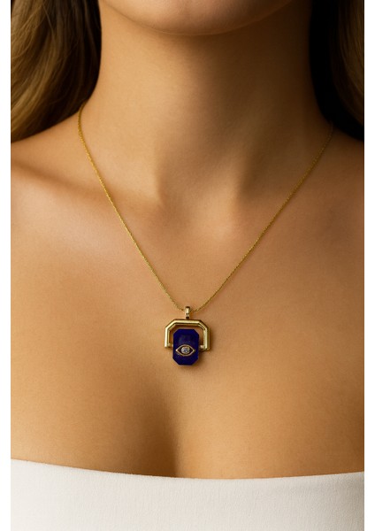 Altın Kaplama Çelik Lacivert Taşlı Nazar Gözü Kolye