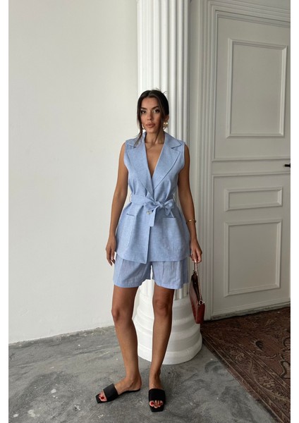 Keten Yelek - Şort Takım - Mavi