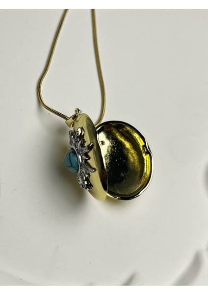 Altın Kaplama Çelik Açılır Kapaklı Mavi Taş Detaylı Kolye fiyatları