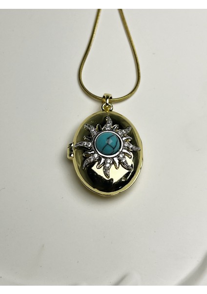 Altın Kaplama Çelik Açılır Kapaklı Mavi Taş Detaylı Kolye modelleri