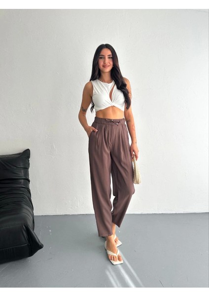 Yüksel Bel Rahat Paça Pantalon - Kahverengi fiyatları