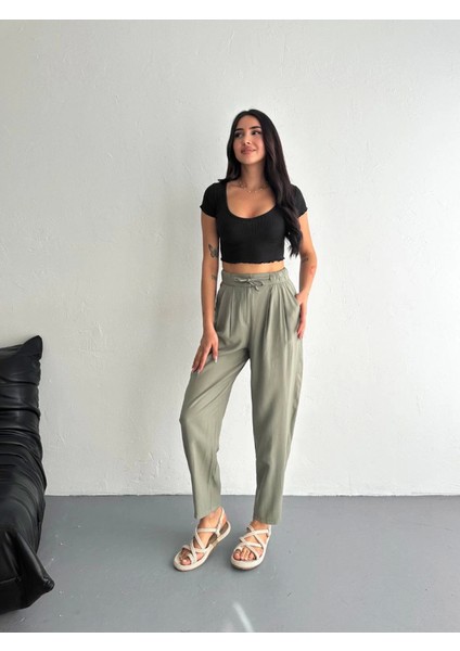 Yüksel Bel Rahat Paça Pantalon - Su Yeşili fırsatları