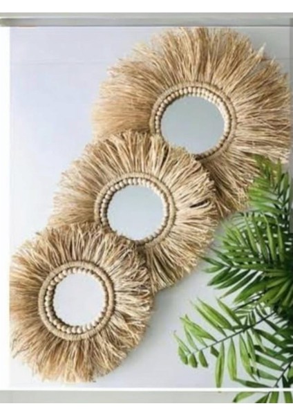 3lü Aynalı Boncuklu Rafya Duvar Süsü