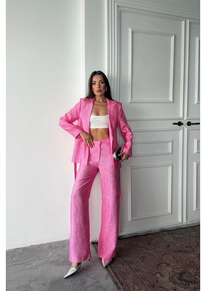 Pembe Beli Kuşaklı Ceket ve Pantolon Parlak Takım fırsatları