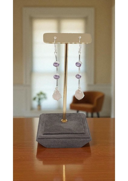 Ametist ve Pembe Kuvars Taşlı 925 Ayar Gümüş Doğal Taş Küpe