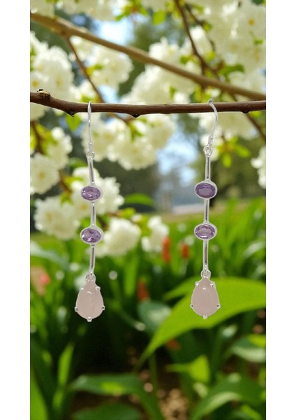 Ametist ve Pembe Kuvars Taşlı 925 Ayar Gümüş Doğal Taş Küpe fiyatları