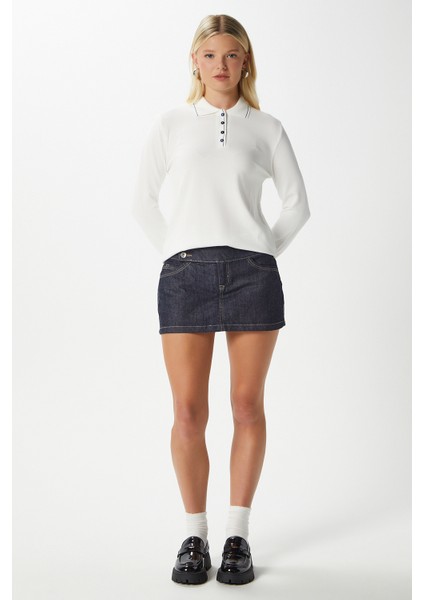 Kadın Fiona Viskon Polo Yaka Şeritli Ekru Triko Kazak