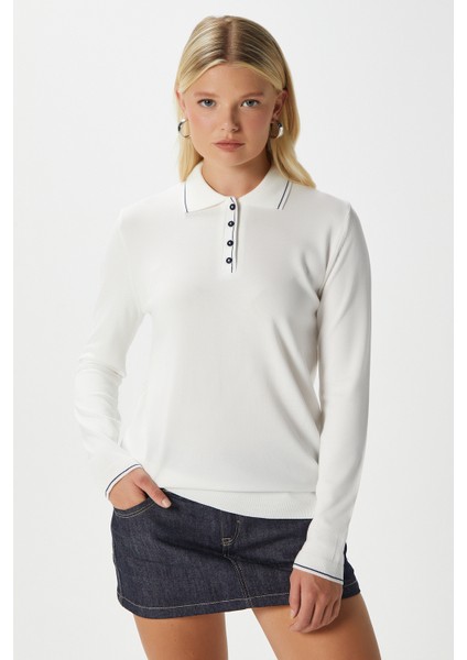 Kadın Fiona Viskon Polo Yaka Şeritli Ekru Triko Kazak fiyatları