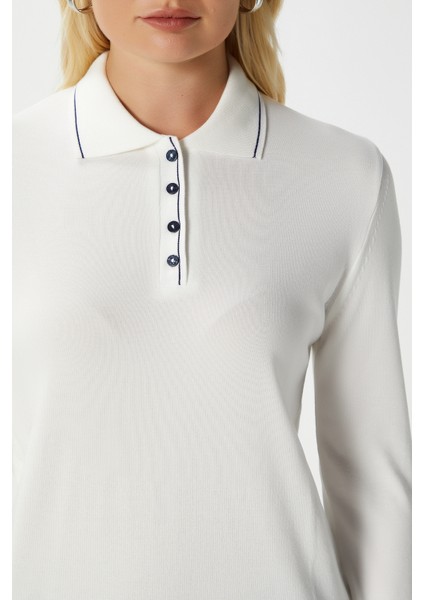 Kadın Fiona Viskon Polo Yaka Şeritli Ekru Triko Kazak modelleri
