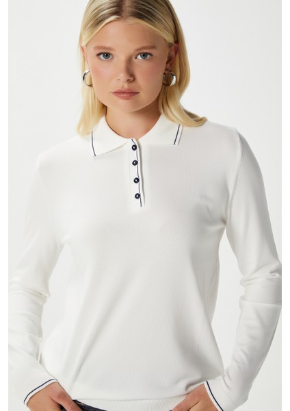 Kadın Fiona Viskon Polo Yaka Şeritli Ekru Triko Kazak fırsatları