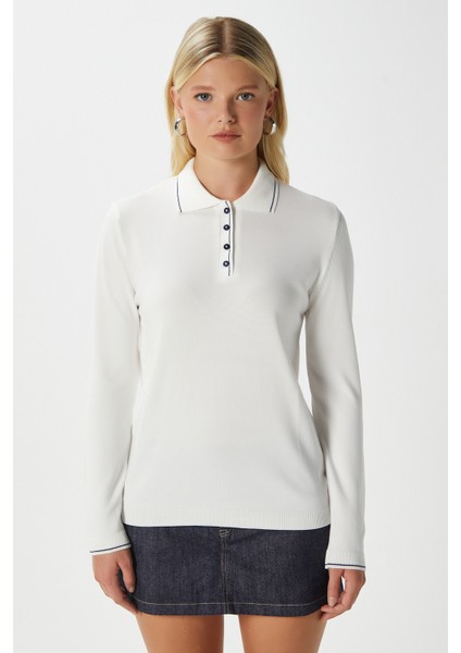 Kadın Fiona Viskon Polo Yaka Şeritli Ekru Triko Kazak indirimleri