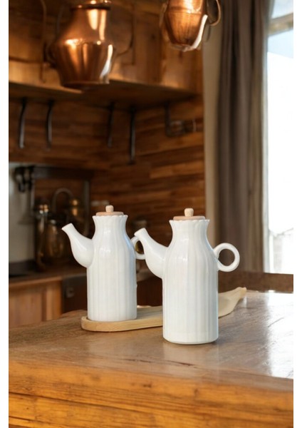 Papatya Model - 2 Adet 1 Lt Porselen Yağdanlık ve Bambu Altlık Seti - Yağlık Sirkelik Her Biri 1000ML