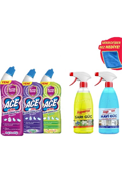 Ultra Power Jel Kıvamlı Çamaşır Suyu Limon + Dağ Tazeliği + Okaliptus 810 Gram x 3 Adet + Asperox Sarı ve Mavi Güç (Mikrofiber Bez Hediyeli)
